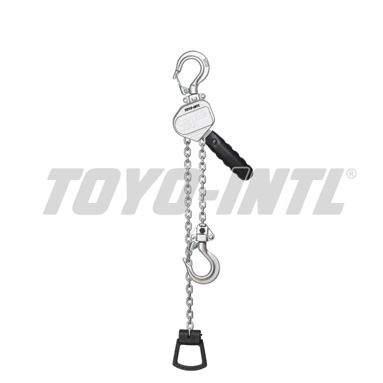 The TOYO-INTL ALB Mini Lever Hoist, featuring a silver body, black rubber handle, metal chains, and two hooks, is shown against a white background with the TOYO-INTL logo in the top left corner.