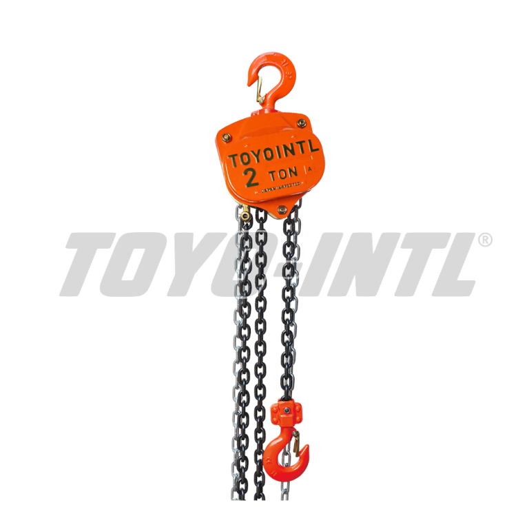 The TOYO-INTL VT Chain Hoist, in orange, offers a 2-ton capacity, durable metal chains, sturdy top and bottom hooks, and displays the TOYO-INTL logo in the top left corner.