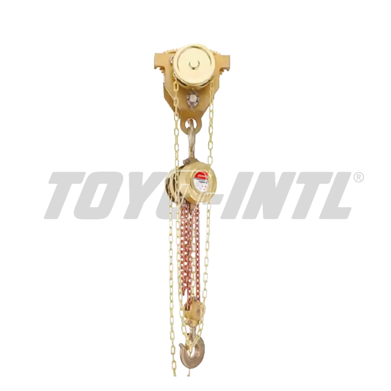 The TOYO-INTL GCBL Explosion-proof Chain Hoist features hooks, gears, and hanging chains, with the orange TOYO-INTL logo at the top left on a white background.