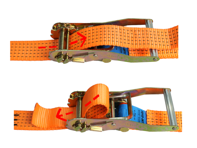 Threading the webbing through the axle slot of a ratchet tie down