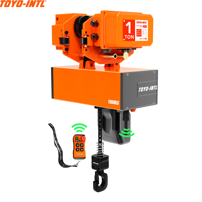 The TOYO-INTL TD Electric Chain Hoist in orange and black, labeled 1 TON/1000KG, features a black hook, remote control with visible buttons—ideal for heavy lifting jobs.